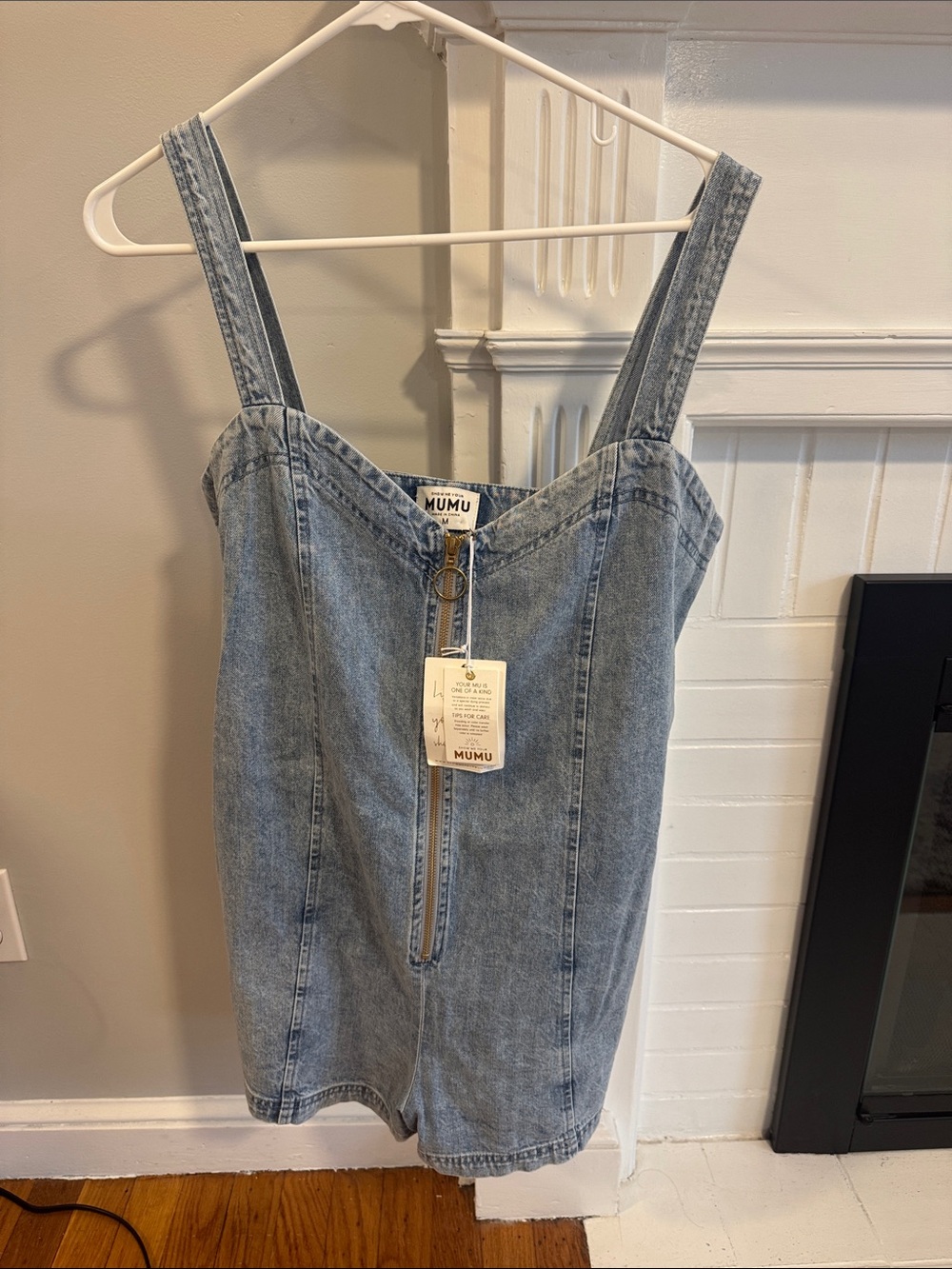 Show Me Your MuMu Light Blue Denim Overall Romper with Front Zip - Medium